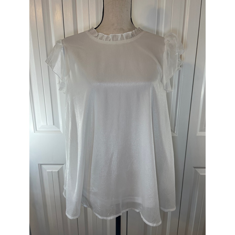 Andree by Unit White Shimmer Ruffle Neck Flutter Sleeve Blouse PT10206 1X NEW